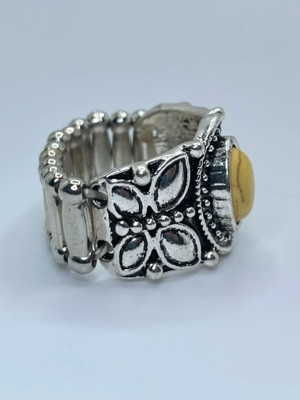 Silver Tone Yellow Howlite Stretch Ring Boho Statement